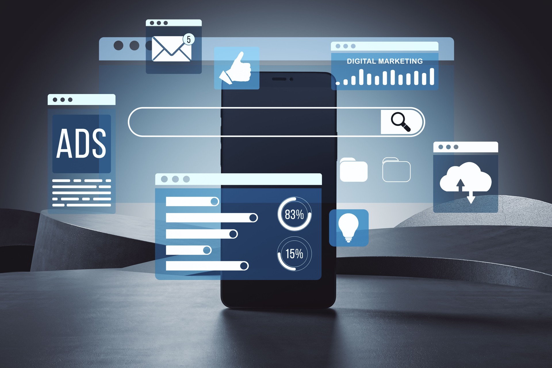 Digital marketing and online advertising interface with data analytics and content strategy icons on a smartphone. 3D Rendering